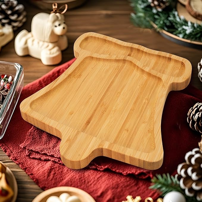 TJ POP Christmas Bamboo Serving Tray – Bell Shape – Holiday Wooden Snack Dish for Candy, Cookies, Nuts – Rustic Christmas Party Table Decoration