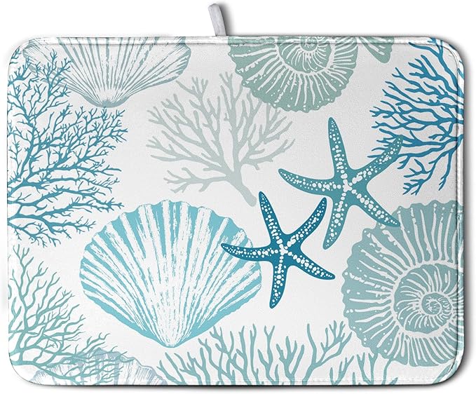 Summer Teal Dish Drying Mat for Kitchen Counter Nautical Coastal Blue Dishes Drainer Mats Turquoise Beach Coral Seashell Starfish Ocean Absorbent Microfiber Dish Draining Pad 18x24 Inch