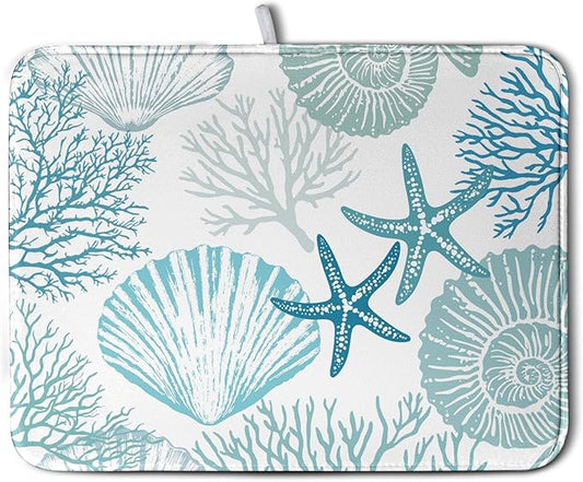 Summer Teal Dish Drying Mat for Kitchen Counter Nautical Coastal Blue Dishes Drainer Mats Turquoise Beach Coral Seashell Starfish Ocean Absorbent Microfiber Dish Draining Pad 18x24 Inch