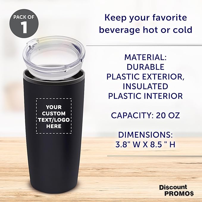 DISCOUNT PROMOS Custom Plastic Tumblers 20 oz. Set of 1, Personalized Bulk Pack - With lids, Ice Coffee Tumbler, To Go Cup, Insulated - Black