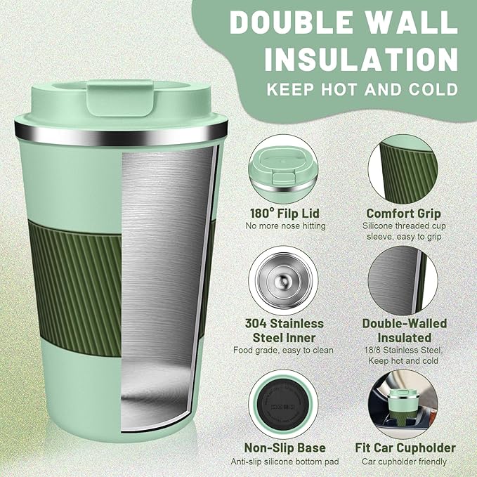 Insulated Coffee Tumblers with Flip Lid 12oz / 17oz, Stainless Steel Travel Coffee Mug Leak Proof, Vacuum Insulated Coffee Mug Reusable Cup, Keeps Cold and Hot for Coffee Tea