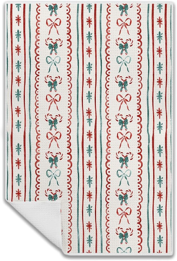 Red and Green Preppy Christmas Bow Tree Candy Canes Kitchen Dish Towels 16x24 Inches,Preppy Coquette Christmas Decor Hand Towels for Bathroom Kitchen