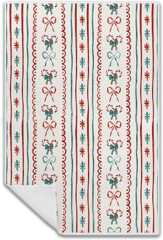 Red and Green Preppy Christmas Bow Tree Candy Canes Kitchen Dish Towels 16x24 Inches,Preppy Coquette Christmas Decor Hand Towels for Bathroom Kitchen