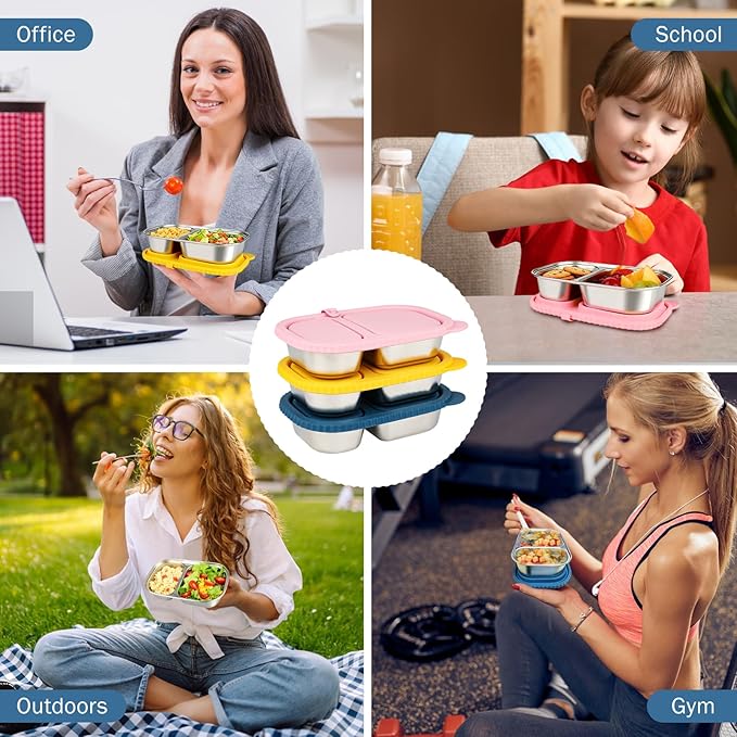 3 Pack Stainless Steel Snack Containers with Lids, Reusable 2 Compartment Food Storage Containers, Portable Bento Lunch Snack Boxes for Home, Travel, Outdoor and Camping