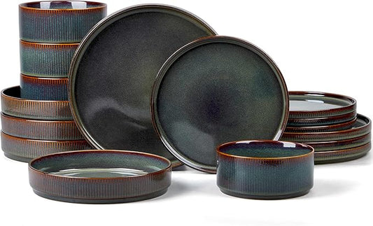 E-far 16 Piece Dinnerware Sets, Plates and Bowls with Pasta Bowls Service for 4, Modern Stoneware Ribbed Dishes for Kitchen Dining, Microwave & Dishwasher Safe, Blackish Green