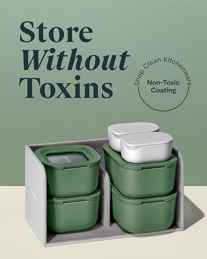 Caraway Mini Food Storage 11pc Set - Glass Storage Containers for Food - Non-Toxic Ceramic-Coated Glass - Air Release Technology - Compact & Stackable Design - Sage