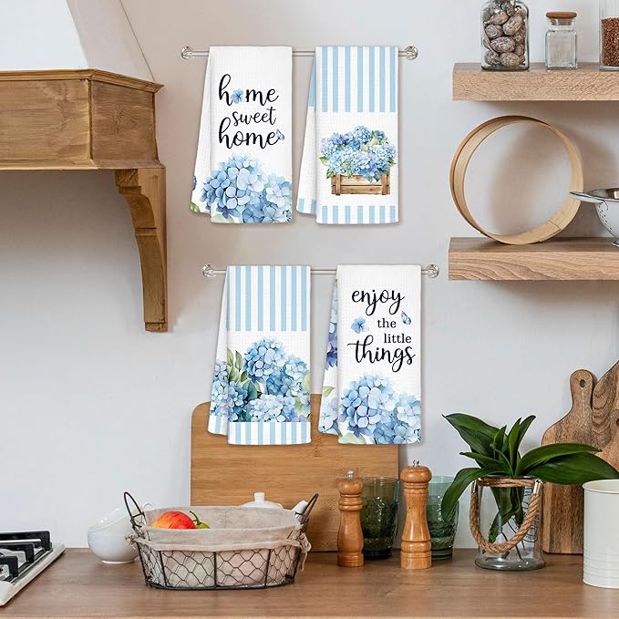 Blue Stripe Hydrangea Kitchen Towels Set of 4 - Home Sweet Home Blue and White Hydrangea Gifts Decorative Hand Towels for Bathroom, 16x24