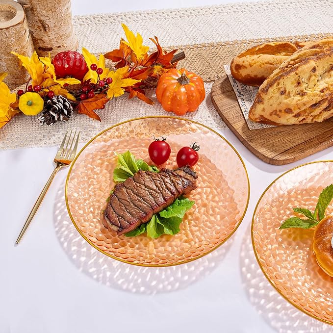 Rubtlamp 100Pcs Thanksgiving Plastic Dinner Plates, 10 Inch Disposable Orange Dinner Plates, Heavy Duty Plates with Gold Rim, Hammered Disposable Plastic Party Plates For Event Party