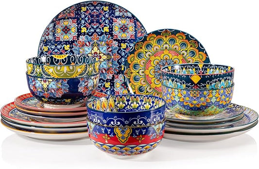 Sweejar Ceramic Dinnerware Sets for 6,18 Pieces Boho Plates and Bowls for Kitchen,Housewaring Gift,Bohemian Style Dish Set,Dishwasher and Microwave Safe(Colorful)