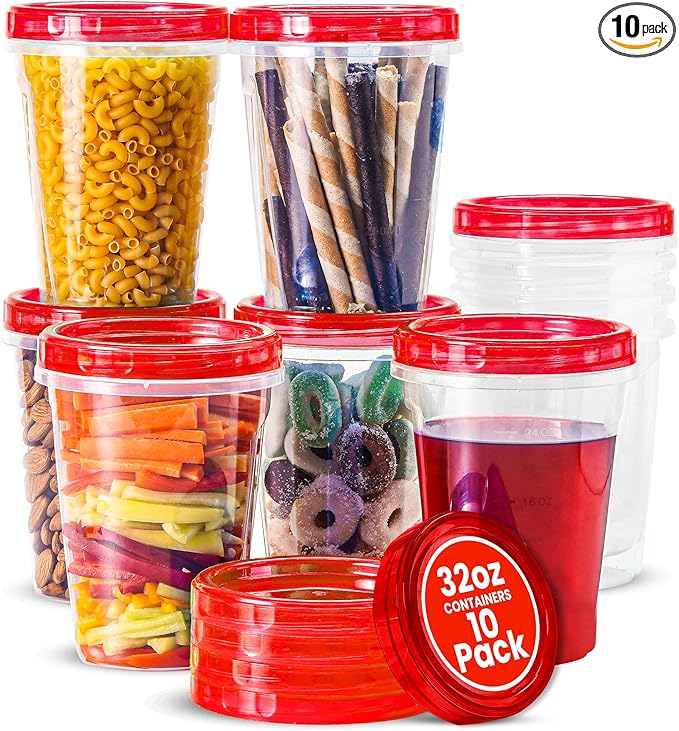 RFAQK 10 PCS Freezer Storage Containers-[10*32 OZ] Plastic Food Storage Containers with Twist Top Lids-BPA Free Leakproof Jars-Deli Container Stackable Meal Prep Reusable Box for Lunch,Soup,Oats,Gym