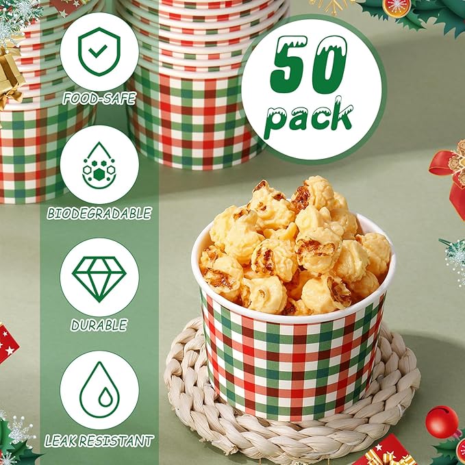 50 Pack Christmas Plaid Treat Snack Cups 9 oz Xmas Red and Green Checkered Disposable Dessert Bowls Paper Soup Bowl Buffalo Plaid Ice Cream Cups for Hot or Cold Food Holiday Wedding Birthday