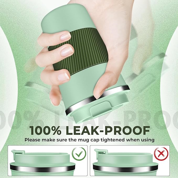 Insulated Coffee Tumbler 12 oz, Stainless Steel Coffee Mug with Lids, Travel Coffee Mug Leak Proof, Double Wall Vacuum Insulated Reusable Coffee Cup, Keep Drinks Hot and Cold (Light Green, 12 Ounces)