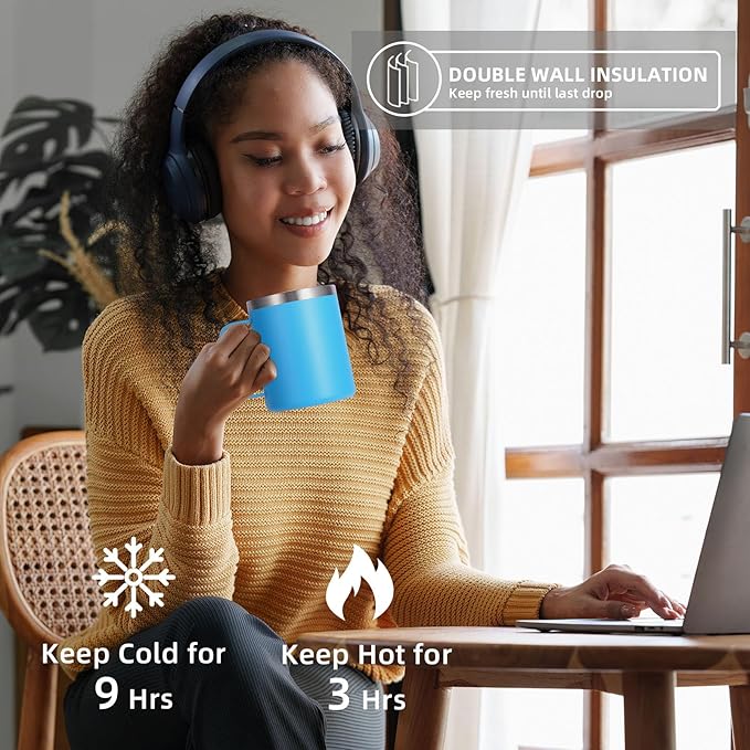 Volhoply 12oz Insulated Leakproof Coffee Mug with Flip & Straw Lid,Double Wall Vacuum Stainless Steel Travel Cafe Tumbler Cup with Handle,Reusable Camping Mugs Keep Cold/Hot(Blue,1 Set)