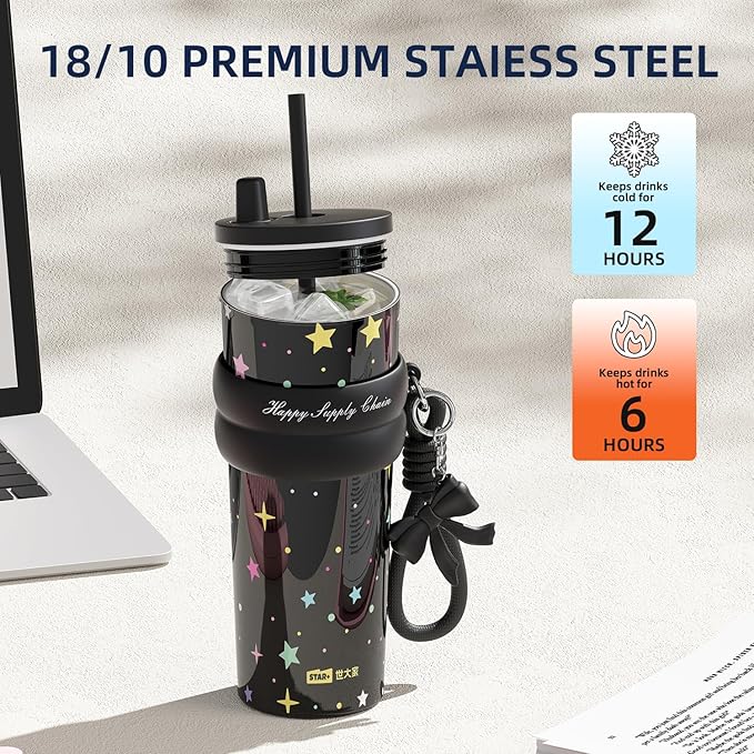 24 oz Stainless Steel Tumbler with Lid and Straw, Insulated Water Bottle Leak Proof for Hot and Cold, Portable Travel Coffee Mug, Reusable Coffee Cup for Women, Black Star