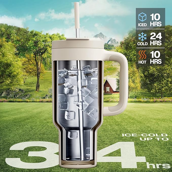 40 oz Tumbler with Handle, 2-in-1 Straw and Sip Lid, Leakproof, Dishwasher Safe, Insulated Stainless Steel Travel Coffee Mug, Keeps Cold for 34 Hours, Fits in Car Cup Holder (Oat)
