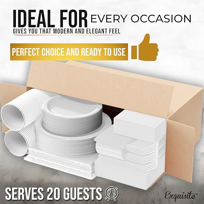 222 Pcs White Paper Plates and Napkins Sets, Disposable Plates For Party, Lunch & Cocktail Napkins Paper, 18oz Plastic Cups, Cutlery and White Table cloth Plastic Dinnerware Set