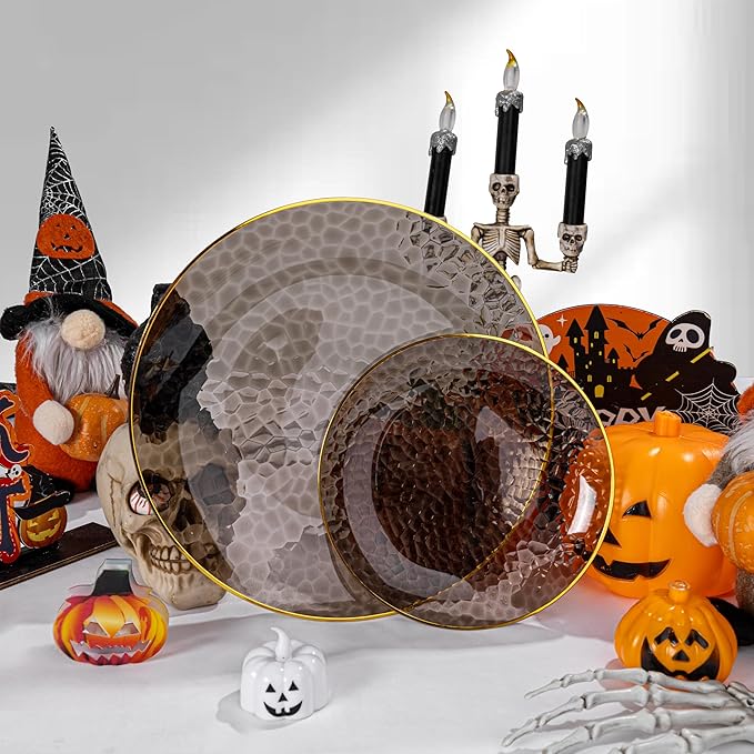 SUT 100Pcs Black Plastic Plates, Hammered Plates Disposable Heavy Duty, Black Disposable Plates With Gold Rim, Fancy Plastic plates Include 50 Dinner and 50 Dessert plates for Wedding