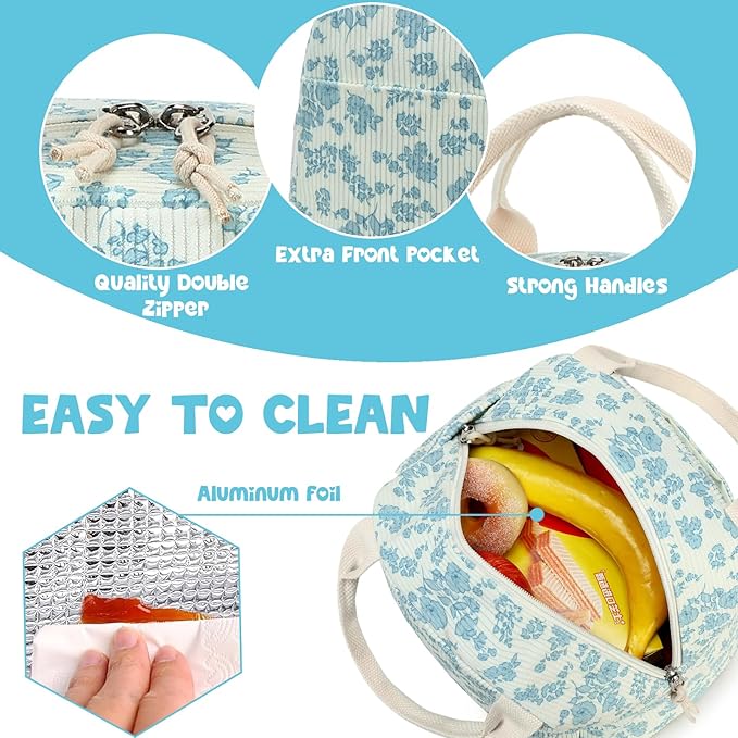 Bluboon Lunch Bag for Women Men Cute Corduroy Lunch Tote Bags Reusable Insulated Lunch Box Large Capacity Reusable Insulated Cooler for Work Picnic or Travel