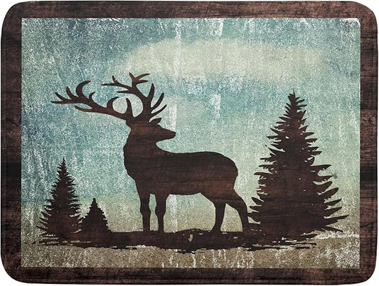 Retro Deer Forest Cabin Silhouette Dish Drying Mat Countertop 18x24 Fall Blue Sky Cloud Cartoon Elk Wild Animal Bushes Drainer Mat Pine Tree Grass Dishes Pad Rustic Moose Dish Drainer Rack