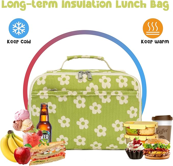 Bluboon Kids Girls Lunch Bag Insulated Lunch Box for school Corduroy Lunch Cooler Organizer School Kids Lunch Tote (Corduroy-Brown) (Beige Flower Green)