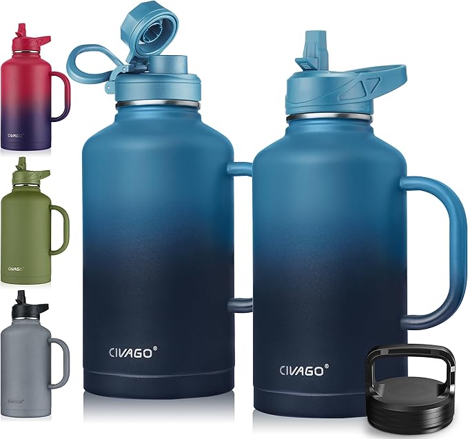 CIVAGO 64 oz Insulated Water Bottle Jug with Straw and Handle, Half Gallon Stainless Steel Water Flask, Large Sports Metal Water Bottle with Straw Lid (3 Lids), Big Thermal Mug Cup, Indigo Black