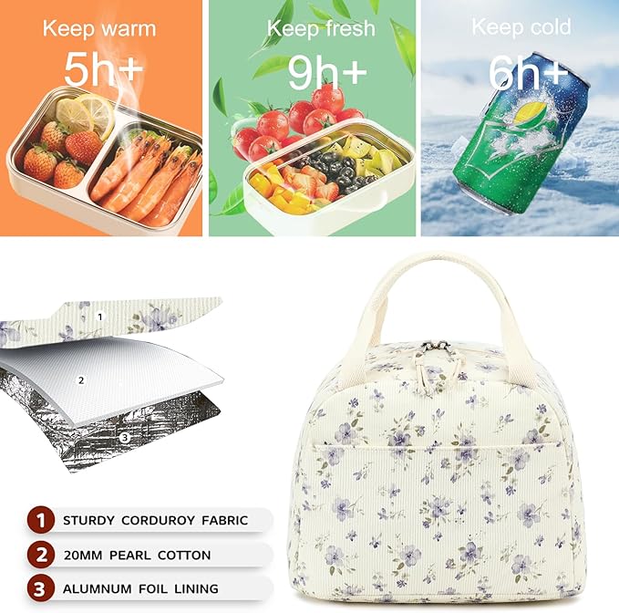 Bluboon Lunch Bag for Women Men Cute Corduroy Lunch Tote Bags Reusable Insulated Lunch Box Large Capacity Reusable Insulated Cooler for Work Picnic or Travel