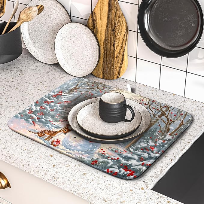 Winter Snowman Dish Drying Mat for Kitchen Counter Red Bird Berry Dishes Drainer Mats Holiday Microfiber Absorbent Dish Rack Pad 16x18 Inch