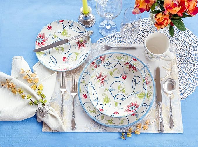 Tudor Royal Collection 16-Piece Round Dinnerware Set, Service for 4, Botanical Design, Plates Bowls Dishes, High-Gloss Premium Quality