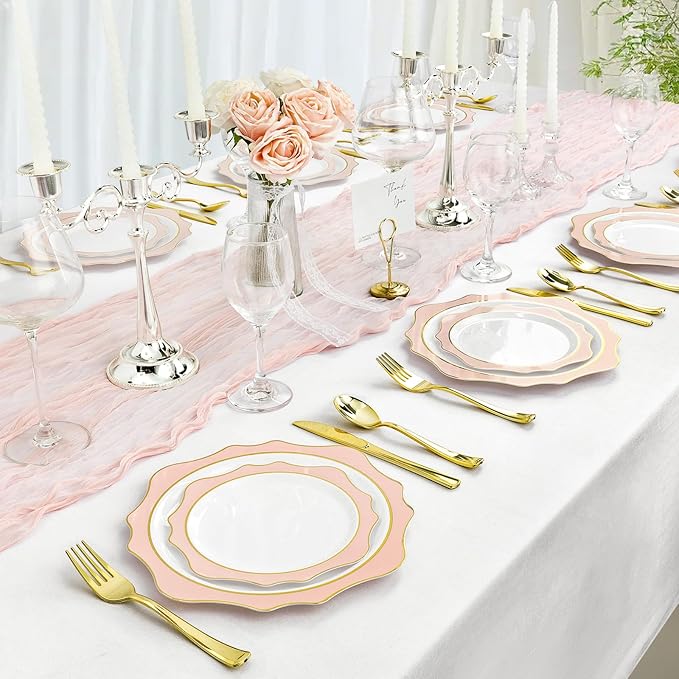 100 PCS White and Pink Disposable Plates for 50 Guests, Scalloped Plastic Plates Include 50 Dinner Plates and 50 Dessert Plates for Party, Wedding and Graduation