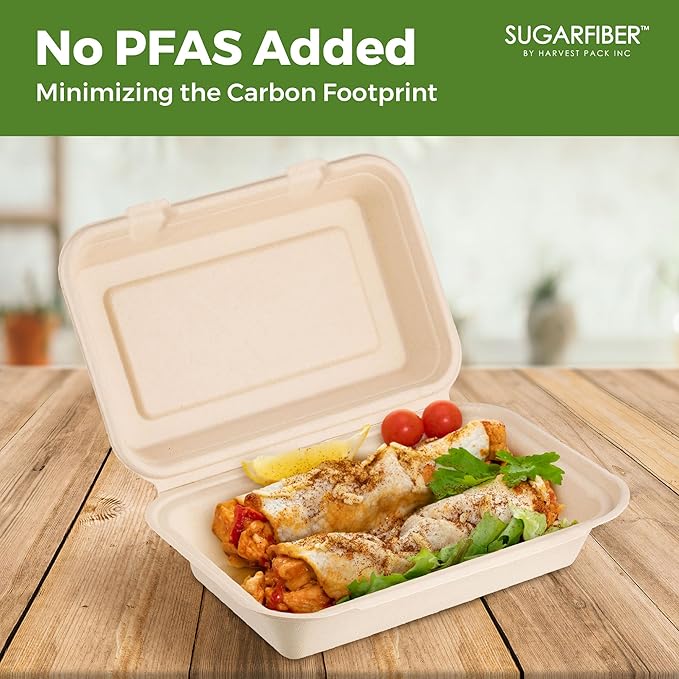 [50 COUNT]Harvest Pack PFAS FREE 9 X 6" Compostable Clamshell Food Containers, Heavy-Duty Hinged Container, Disposable Bagasse Eco-Friendly Natural Takeout to go Box, Made from Sugarcane Plant
