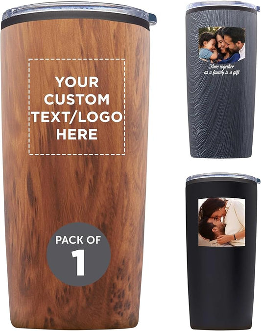 DISCOUNT PROMOS Custom Plastic Tumblers 20 oz. Set of 1, Personalized Bulk Pack - With lids, Ice Coffee Tumbler, To Go Cup, Insulated - Wood