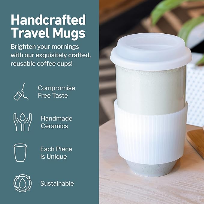 Travel Mug - Ceramic Coffee Mug With Lid – Microwave & Dishwasher Safe Coffee White & Grey Tumbler - Gifts For Women Men Him Her – 16oz – Mist