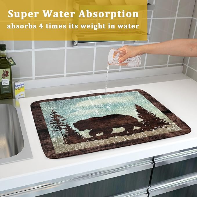 Retro Brown Bear Forest Cabin Dish Drying Mat Countertop 18x24 Fall Blue Sky Cloud Cartoon Wild Animal Bushes Drainer Mat Pine Tree Grass Dishes Pad Rustic Floral Dish Drainer Rack Winter Wildlife