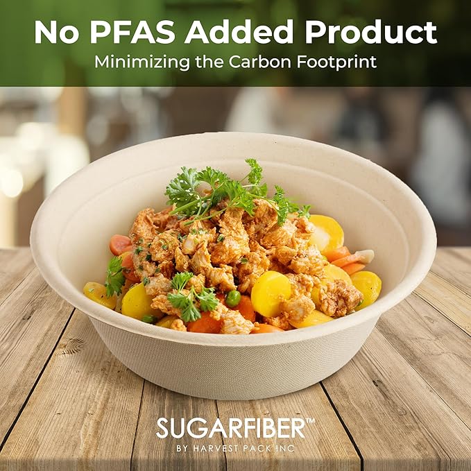 [500 COUNT]Harvest Pack PFAS FREE 48oz Round Compostable Paper Bowls with Flat Lids - Heavy-Duty Eco-Friendly Disposable Bagasse Large Soup Bowls Sugarcane made plant fibers for Meal Prep