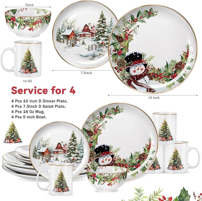 16 Pcs Snowman Christmas Dishes Dinnerware Set of 4 Guest Holiday Dinner Plates Ceramic Vintage Christmas Salad Plates Holly Ivy Bowl Mug Serving Dishes Gift for Xmas Village Tree Kitchen Decoration