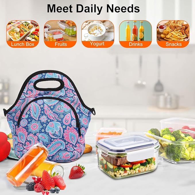 CILLA Neoprene Lunch Bag for Women Insulated Lunch Tote Bags Washable Lunch Container Box Picnic Lightweight Meal Prep Bags(Cashew+)