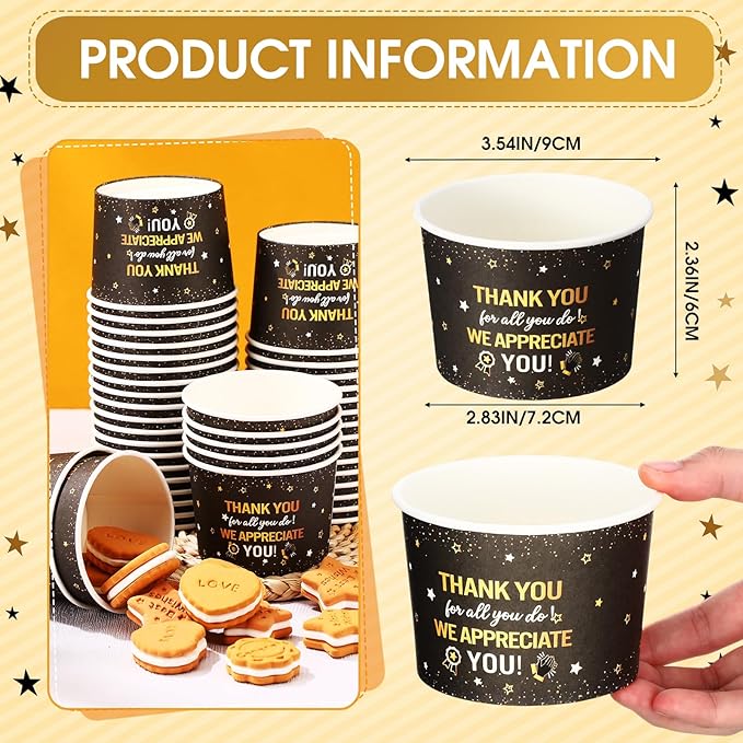 50 Pack We Appreciate You Snack Cups Thank You Paper Ice Cream Cups 9 oz Black Gold Disposable Dessert Bowl Paper Soup Bowl for Hot Cold Food Appreciate Teacher Employee Staff Party Supplies