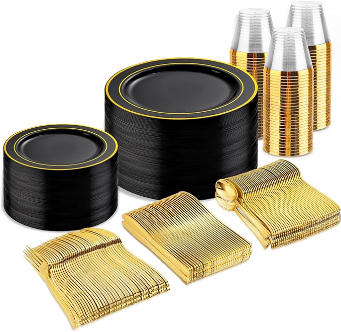 bUCLA 300PCS Black and Gold Disposable Dinnerware Set - 50 Guests Black Plastic Plates with Gold Rim Include 50 Dinner / 50 Dessert Plates, 50 Forks,50 Knives,50 Spoons&50 Cups for Party&Halloween