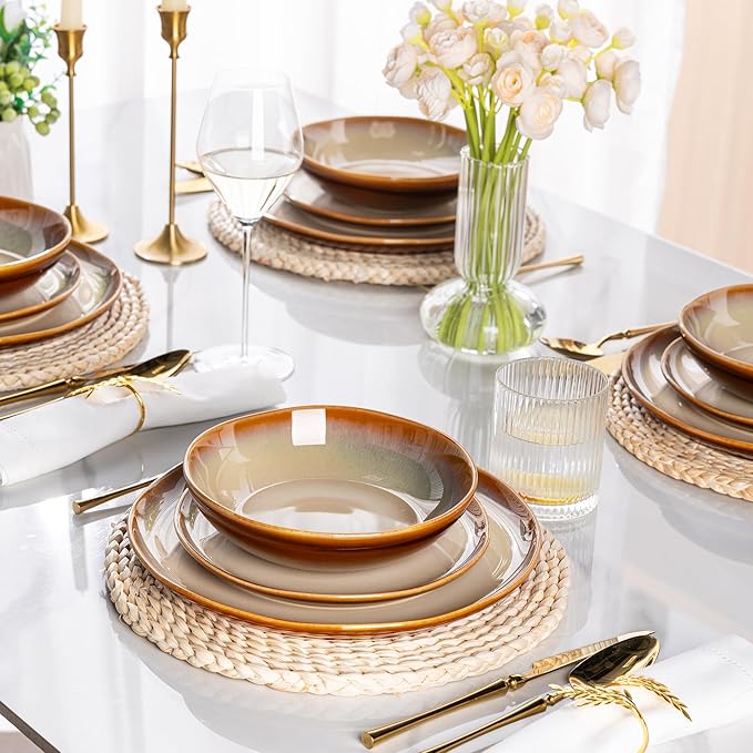 LeRatio Ceramic Dinnerware Sets for 4,Wavy Reactive Glaze Stoneware Plates and Bowls Sets,Highly Scratch Resistant | Dishwasher & Microwave,Oven Safe Dishes Set(12PCS)