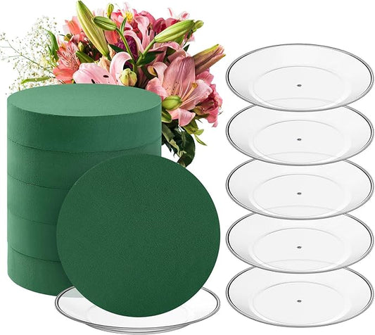 6 Sets Round Floral Foam and Clear Plastic Saucer Plant Drip Tray Floral Flower Dish Green Foam for Artificial Flowers Wedding Home Party Decoration (7.5 Inches)