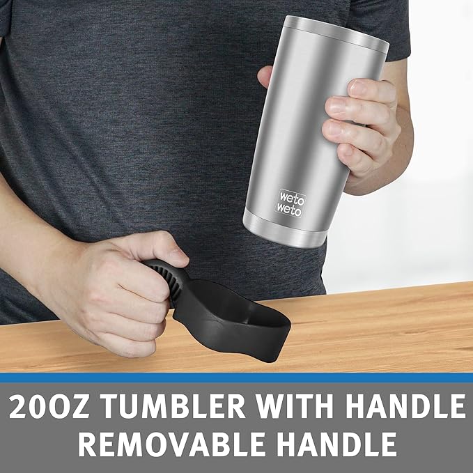 WETOWETO 20oz Tumbler with 2 lids and 2 straws, Stainless Steel Vacuum Insulated Water Coffee Tumbler with Handle, Double Wall Powder Coated Travel Mug Thermal Cup (Stainless, 1 Pack)