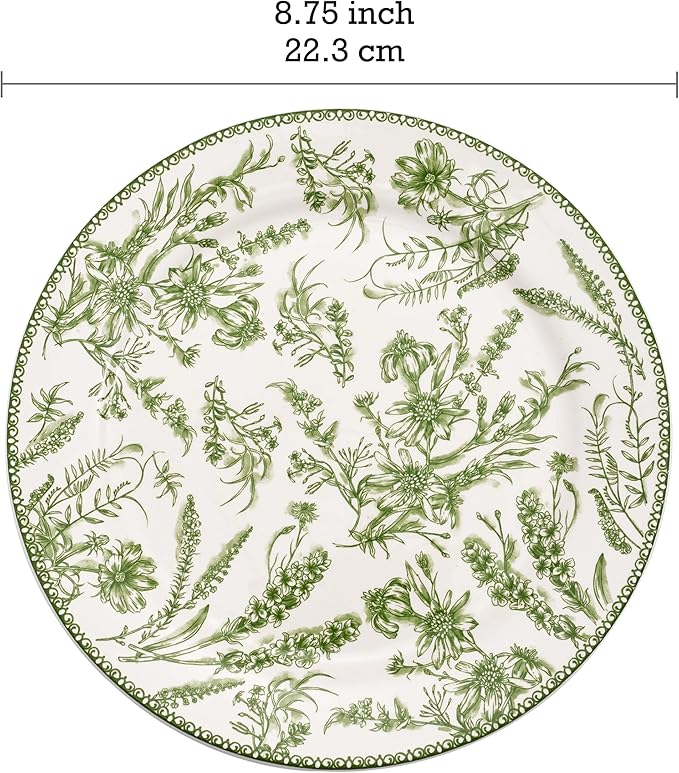 Bico Green Garden Toile De Jouy Salad Plates Set of 4, 8.75 Inch Ceramic Dessert Plates for Salad, Appetizer, Side Dishes, Microwave and Dishwasher Safe, Gift for Housewarming and Thanksgiving