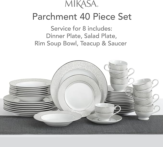 Mikasa Parchment 40-Piece Dinnerware Set, Service for 8, Durable Porcelain Plates, Bowls, and Mugs with Contemporary Design, Dishwasher Safe
