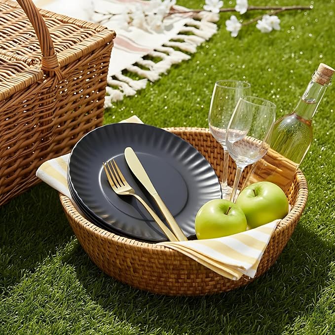 TP Melamine Plates Set of 8, 8-Inch Lightweight Reusable Plates for Picnic, Party, BBQ & Camping, Dishwasher Safe Tableware for Salads, Appetizers & Desserts, Black