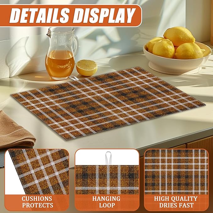 Brown Plaid Dish Drying Mat for Kitchen Counter Microfiber Absorbent Dish Kitchen Drying Mat Draining Reusable Washable for Dishes/Utensils/Counterto