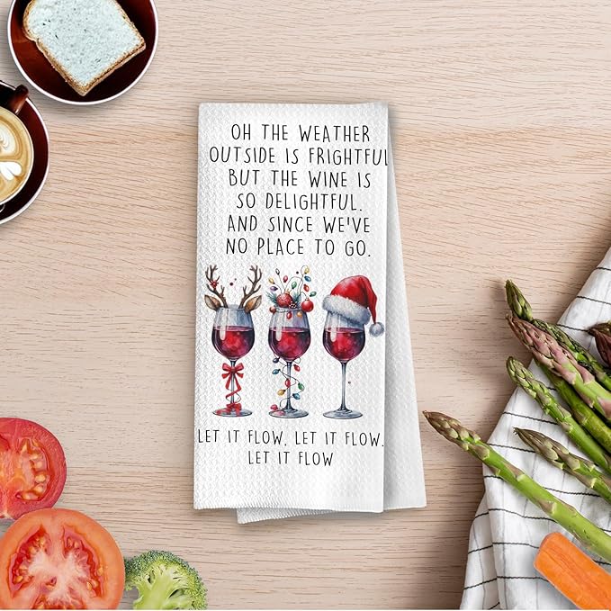 Christmas Wine Kitchen Towels - Christmas Bar Decor, Wine Lovers Decorative Waffle Dish Towels, Bartender Gifts for Women Hand Tea Towel, 16x24 Inches