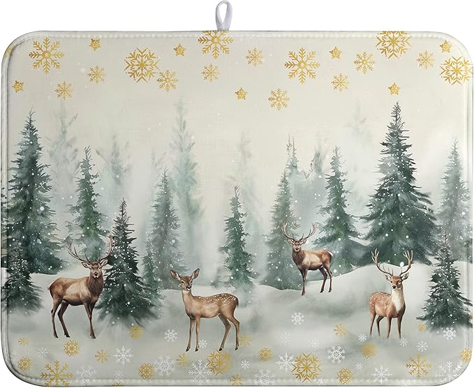 Winter Deer Snowflakes Dish Drying Mat Christmas Snow Forest Large Kitchen Mats Dish Drying Pad Absorbent Dish Dryer Mat for Kitchen Countertops Microfiber Drainer Pad Dish Drying Mats (18x24 in)