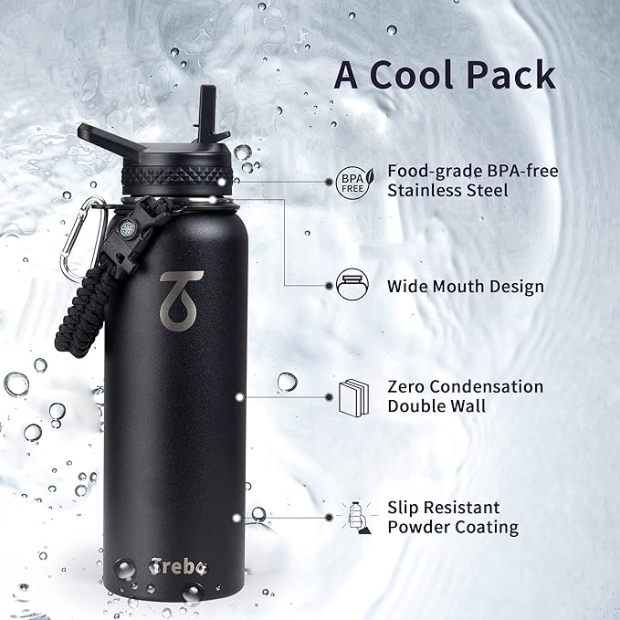 Trebo 40oz Water Bottle Insulated with Lid and Straw,Double Wall Vacuum Stainless Steel Metal Tumbler Sports Flask with Paracord Handle, Keep Hot 24 Hours & Cold 48 Hours Water Jug with 3 Lids, Black