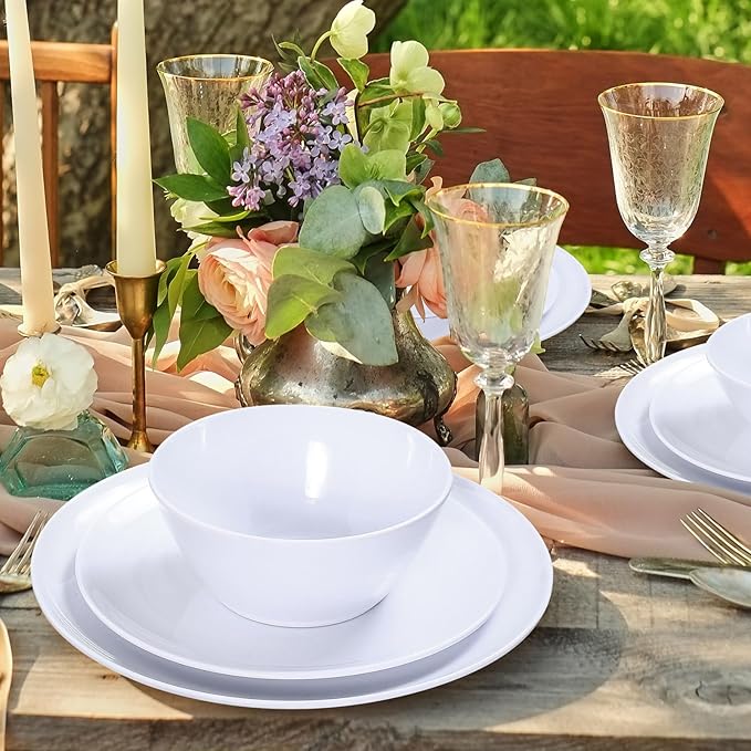 Melamine Dinnerware Sets,18-piece Melamine Plates and Bowls Set, Unbreakable Dishes Set for 6, Dishwasher Safe,Indoor and Outdoor Use,Lightweight,White
