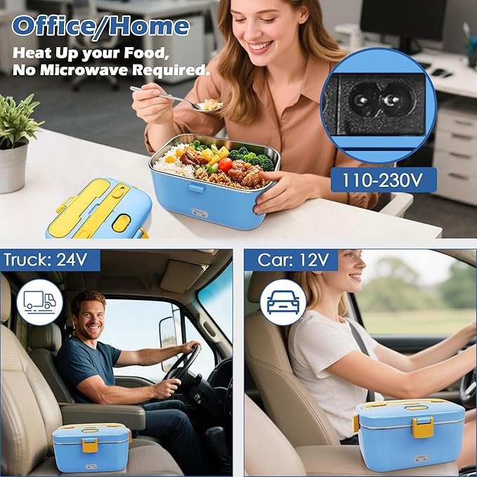 100W Heated Lunch Boxes for Adults 12V 24V 110V-230V Electric Lunch Box Food Heater for Car/Truck Portable Food Heating Boxes with 1.8L 304 SS Containe